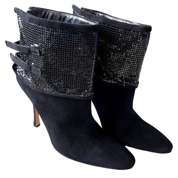 Manolo Blahnik 10 Silver Sequin Suede Ankle Boots Stiletto Disco Booties Black - Picture 4 of 9